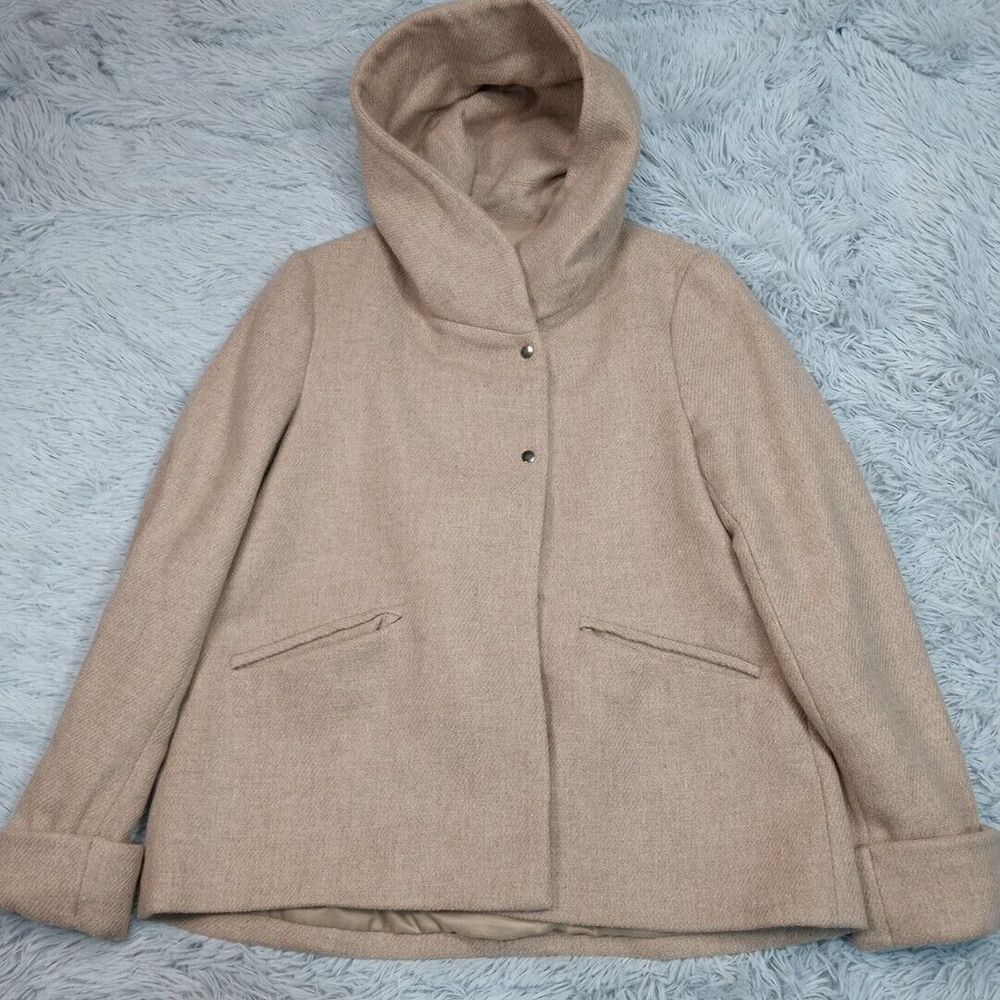 Zara‎ Jacket Womens M Biege Wool Blend Hoodie Pockets Warm Cozy Snap Up Comfort